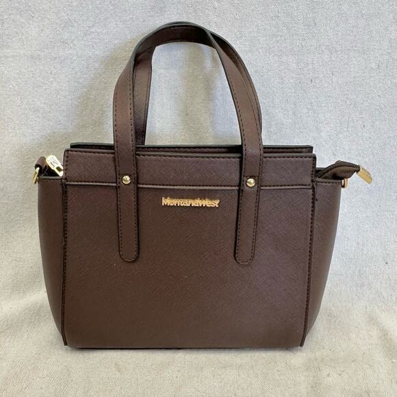 Montana West PU leather brown PU coated leather medium satchel bag gold hardware - Picture 15 of 15